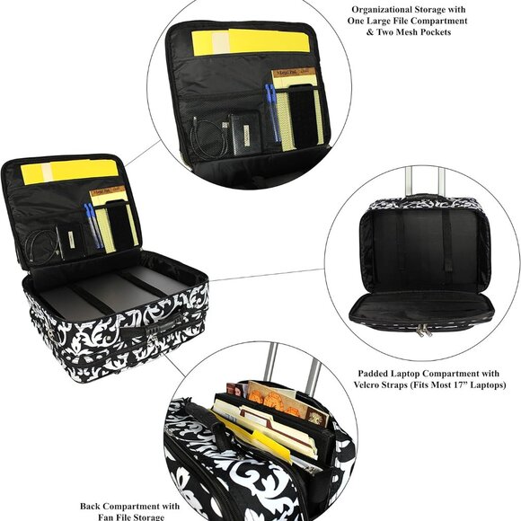 World Traveler Rolling 17-Inch Laptop Briefcase Computer Case, Black Trim Damask - Picture 3 of 8